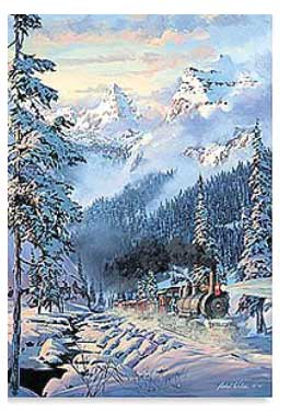 Steam Loco in Snowy Mountain Background Christmas Cards -- 10 Cards w/Envelopes