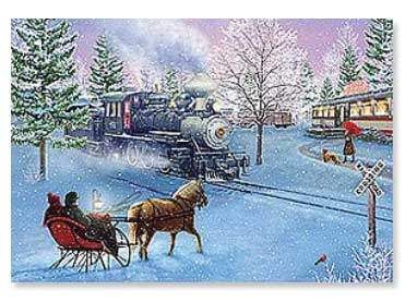 Steam Loco and Sleigh Christmas Cards -- 10 Cards w/Envelopes