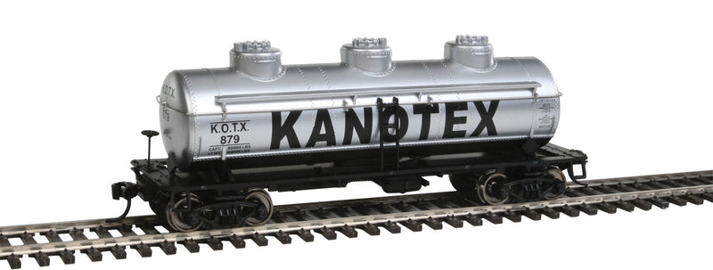36' 3-Dome Tank Car - Ready to Run -- Kanotex KONX #879 (silver, black; Billboard Lettering)-1