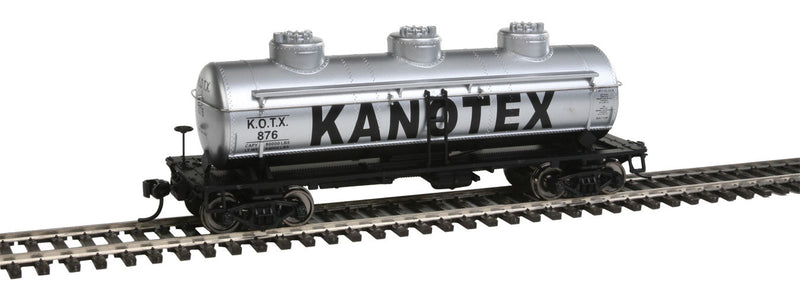 36' 3-Dome Tank Car - Ready to Run -- Kanotex KONX #876 (silver, black; Billboard Lettering)-1