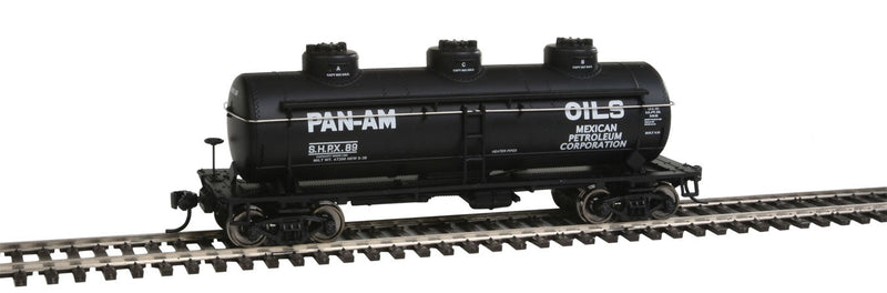 36' 3-Dome Tank Car - Ready to Run -- Pan Am Oils SHPX #89 (black, Large Lettering)-1