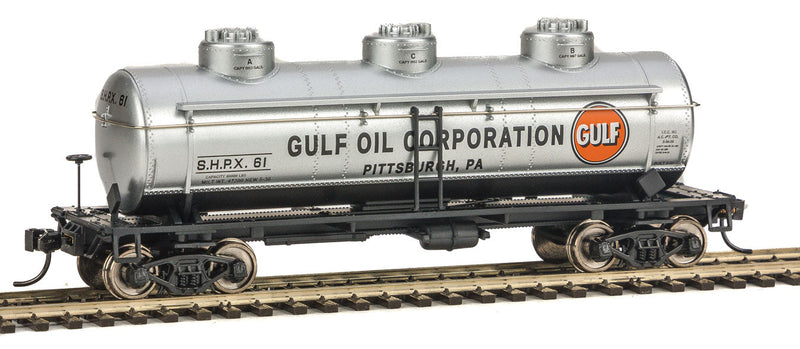 36' 3-Dome Tank Car - Ready to Run -- Gulf Oil SHPX #61 (gray, orange)-1