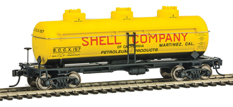 36' 3-Dome Tank Car - Ready to Run -- Shell Oil SCCX #157 (yellow, red)-1