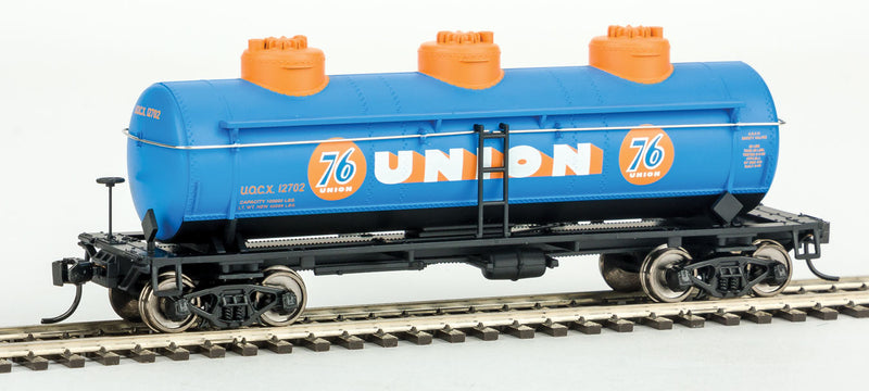 36' 3-Dome Tank Car - Ready to Run -- Union 76 UOCX #12702 (blue, orange, white)-1
