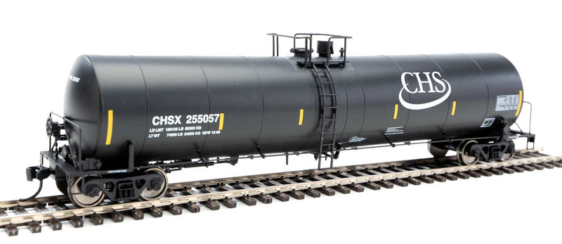 Trinity 25,000-Gallon Tank Car - Ready to Run -- Cenex Harvest States Cooperative CHSX #255057 (black, white; Yellow Stripes)-1