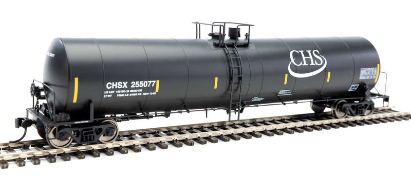 Trinity 25,000-Gallon Tank Car - Ready to Run -- Cenex Harvest States Cooperative CHSX #255077 (black, white, yellow stripes)-1