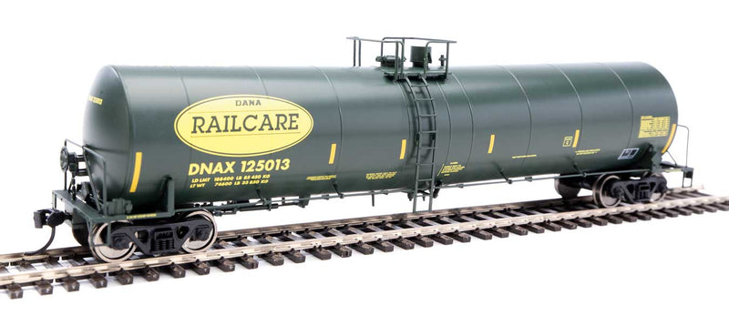 Trinity 25,000-Gallon Tank Car - Ready to Run -- Dana Transportation DNAX #125013 (black, yellow stripes & Railcare logo)-1