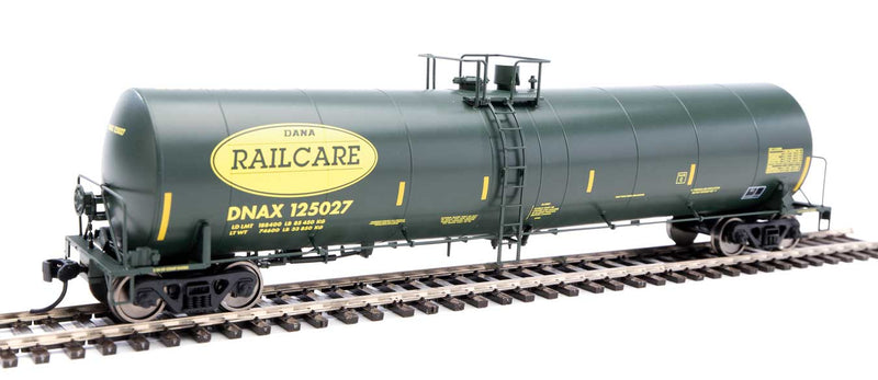 Trinity 25,000-Gallon Tank Car - Ready to Run -- Dana Transportation DNAX #125027 (black, yellow stripes & Railcare logo)-1