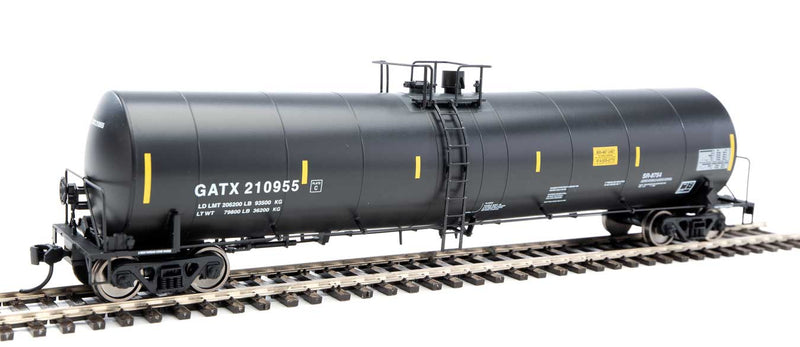 Trinity 25,000-Gallon Tank Car - Ready to Run -- GATX Corporation GATX #210955 (black, whitre, yellow conspicuity stripes)-1