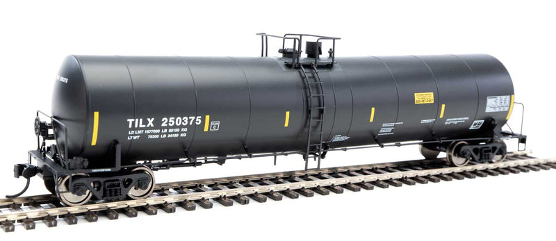 Trinity 25,000-Gallon Tank Car - Ready to Run -- Trinity Industries Leasing TILX #250375 (black, white, yellow stripes)-1