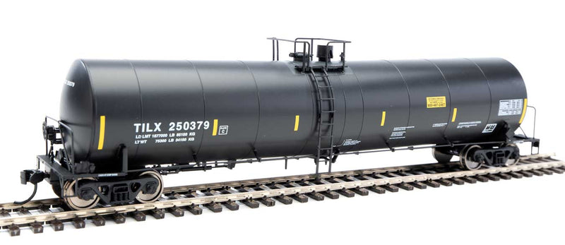 Trinity 25,000-Gallon Tank Car - Ready to Run -- Trinity Industries Leasing TILX #250379 (black, white, yellow stripes)-1