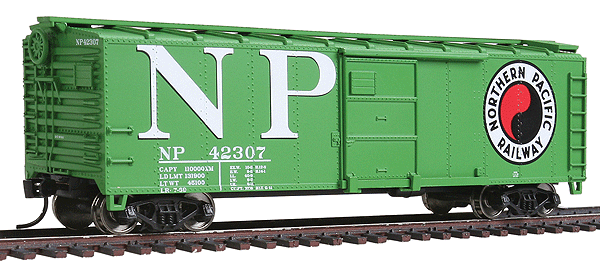 40' ARA Steel Boxcar w/Dreadnaught Ends - Ready To Run -- Northern Pacific #42307 (green, Billboard NP, Large Logo)