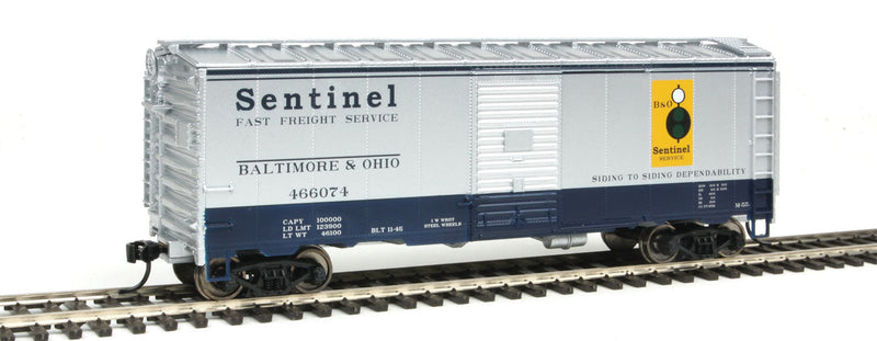 40' Association of American Railroads 1948 Boxcar - Ready to Run -- Baltimore & Ohio #466074 (Sentinel Scheme; silver, blue)-1