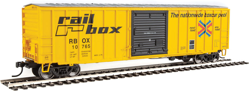 50' ACF Exterior Post Boxcar - Ready to Run -- Railbox #10765 (yellow, Black Door; Large Logo, Slogan)-1