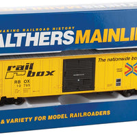 50' ACF Exterior Post Boxcar - Ready to Run -- Railbox #10765 (yellow, Black Door; Large Logo, Slogan)