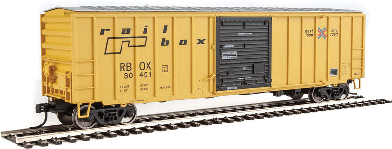 50' ACF Exterior Post Boxcar - Ready to Run -- Railbox #30491 (yellow, Black Door; Small Logo, Slogan)-1