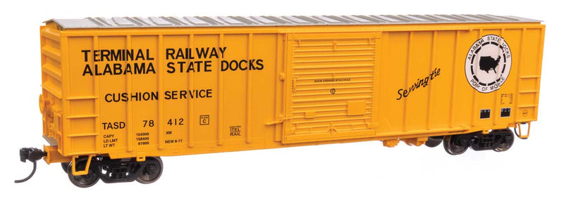 50' ACF Exterior Post Boxcar - Ready to Run -- Terminal Railway Alabama State Docks TASD #78412 (yellow, white, black)-1