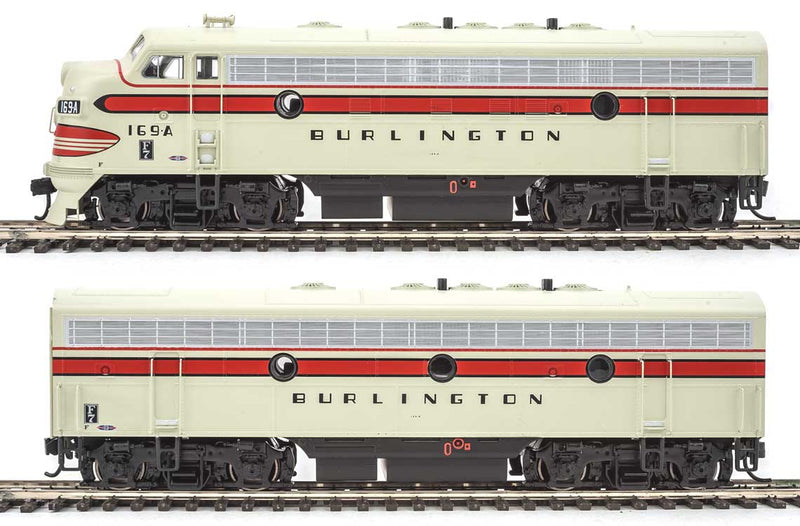 EMD F7A-B Set w/SoundTraxx(R) Sound & DCC -- Chicago, Burlington & Quincy #169A, 169B (gray, red, black)-1