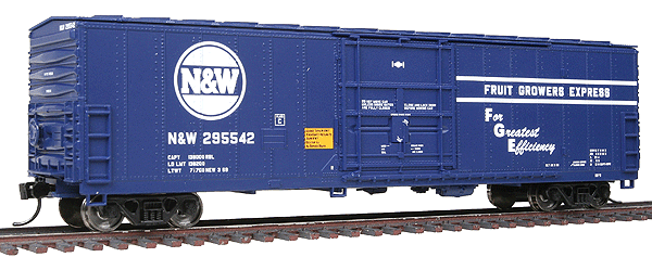 50' FGE Insulated Boxcar - Ready to Run -- Norfolk & Western/Fruit Growers Express #295542 (blue, white)