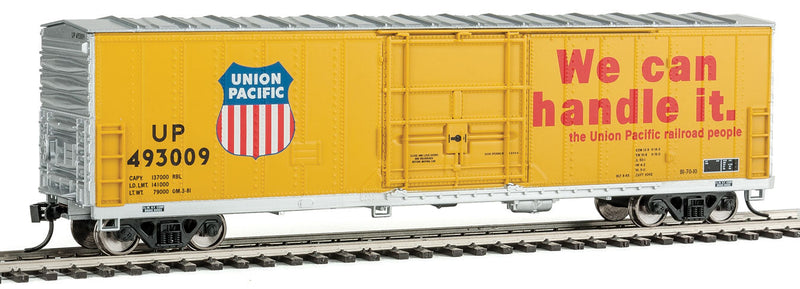 50' FGE Insulated Boxcar - Ready to Run -- Union Pacific(R) #493009 (Armour Yellow, "We Can Handle It" Slogan)-1