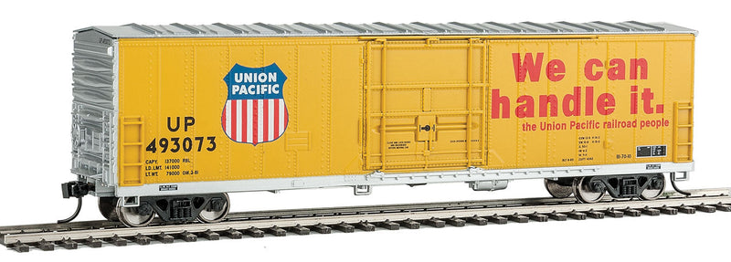 50' FGE Insulated Boxcar - Ready to Run -- Union Pacific(R) #493073 (Armour Yellow, "We Can Handle It" Slogan)-1