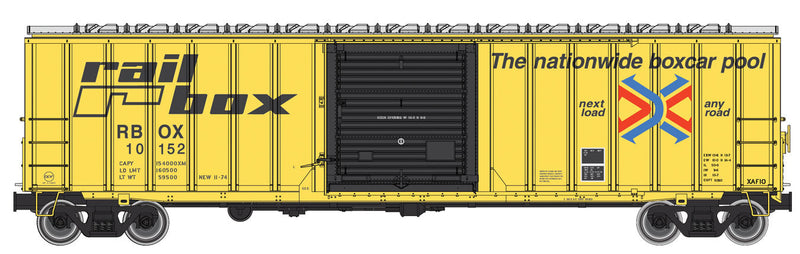 50' ACF Exterior Post Boxcar - Ready to Run -- Railbox #10152 (yellow, black Door; "Nationwide...Pool" Slogan, Large Logo