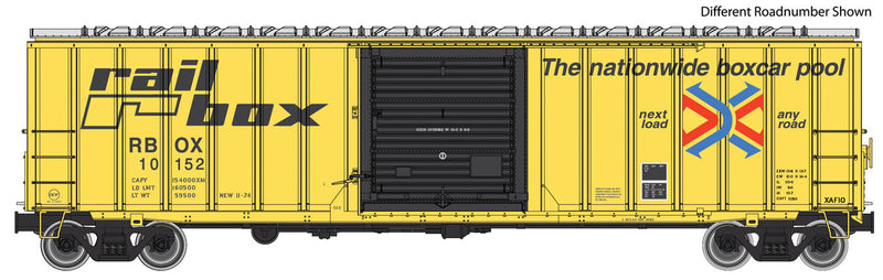 50' ACF Exterior Post Boxcar - Ready to Run -- Railbox #10437 (yellow, black Door; "Nationwide...Pool" Slogan, Large Logo