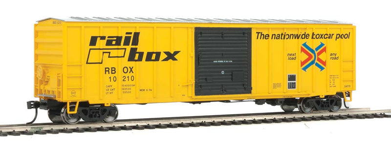 50' ACF Exterior-Post Boxcar - Ready to Run -- Railbox 10210 (10000 series; yellow, black, red, blue; Large Logo)-1