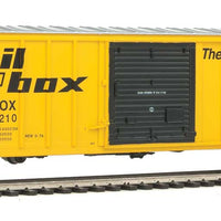 50' ACF Exterior-Post Boxcar - Ready to Run -- Railbox 10210 (10000 series; yellow, black, red, blue; Large Logo)