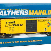 50' ACF Exterior-Post Boxcar - Ready to Run -- Railbox 10210 (10000 series; yellow, black, red, blue; Large Logo)