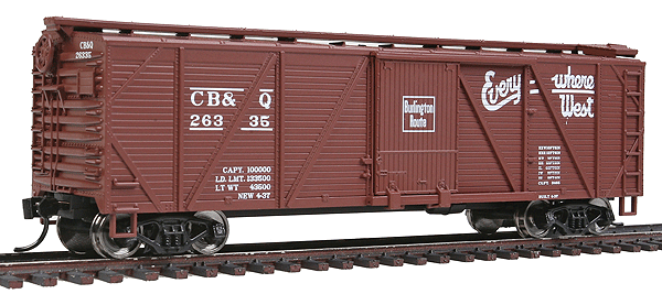 40' Wood Boxcar w/Dreadnaught Ends & Grain Doors - Ready to Run -- Chicago, Burlington & Quincy #26335 (Boxcar Red, Everywhere West Slogan)
