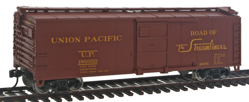40' Steel Boxcar w/Dreadnaught End, Flat Roof, Wood Running Boards -- Union Pacific(R) #185050 ("Road of the Streamliners"; oxide, yellow)-1