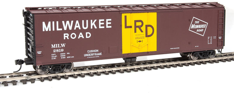 50' PC&F Insulated Boxcar - Ready to Run -- Milwaukee Road #2819 (Boxcar Red, black, white; LRD Door Markings)-1