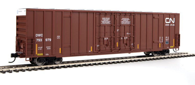 60' High Cube Plate F Boxcar - Ready to Run -- Canadian National DWC #793979 (brown, white; Conspicuity Markings)-1