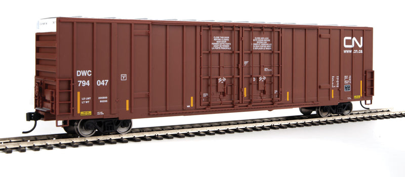 60' High Cube Plate F Boxcar - Ready to Run -- Canadian National DWC #794047 (brown, white; Conspicuity Markings)-1