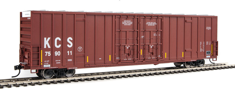 60' High Cube Plate F Boxcar - Ready to Run -- Kansas City Southern #759011 (brown, white; Yellow Conspicuity Markings)-1