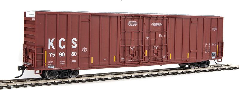 60' High Cube Plate F Boxcar - Ready to Run -- Kansas City Southern #759080 (brown, white; Yellow Conspicuity Markings)-1