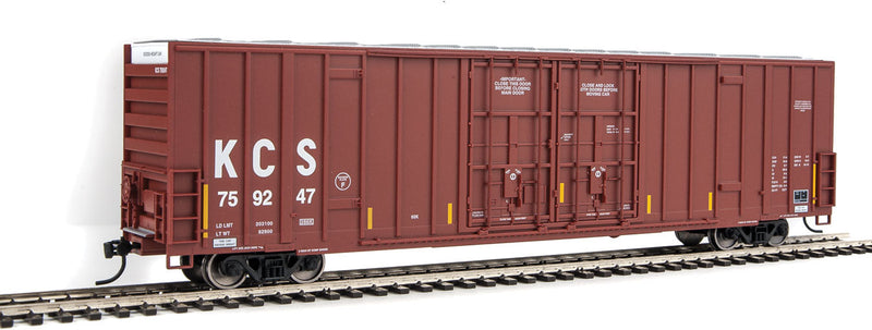 60' High Cube Plate F Boxcar - Ready to Run -- Kansas City Southern #759247 (brown, white; Yellow Conspicuity Markings)-1