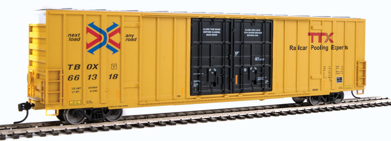 60' High Cube Plate F Boxcar - Ready to Run -- Trailer-Train TBOX #661318 (yellow, black, Red TTX Logo; Conspicuity Stripes-1