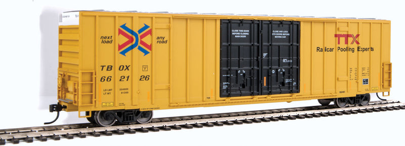 60' High Cube Plate F Boxcar - Ready to Run -- Trailer-Train TBOX #662126 (yellow, black, Red TTX Logo; Conspicuity Stripes-1