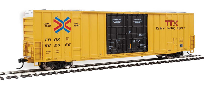 60' High-Cube Plate F Boxcar - Ready to Run -- TTX TBOX #662066 (yellow, black, Red TTX and Next Load Any Road Logos)-1