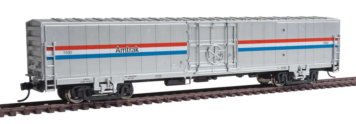 60' Thrall Material Handling Car MHC-2 - Ready To Run -- Amtrak(R) #1550 (Phase III; Equal Red, White, Blue Stripes)-2