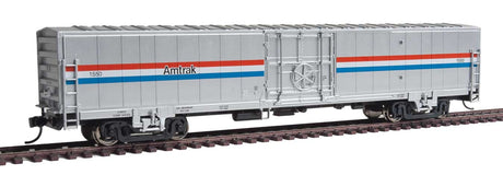 60' Thrall Material Handling Car MHC-2 - Ready To Run -- Amtrak(R) #1550 (Phase III; Equal Red, White, Blue Stripes)-2