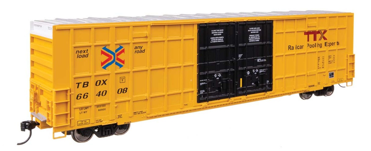 60' High Cube Plate F Horizontal Post Boxcar - Ready to Run -- TTX TBOX #664008 (yellow, black, Standard Lettering)-1