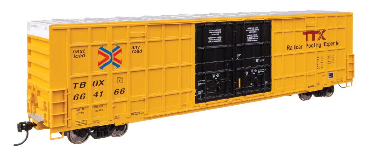 60' High Cube Plate F Horizontal Post Boxcar - Ready to Run -- TTX TBOX #664166 (yellow, black, Standard Lettering)-1