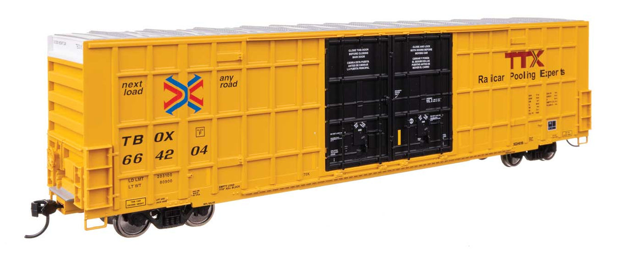 60' High Cube Plate F Horizontal Post Boxcar - Ready to Run -- TTX TBOX #664204 (yellow, black, Standard Lettering)-1