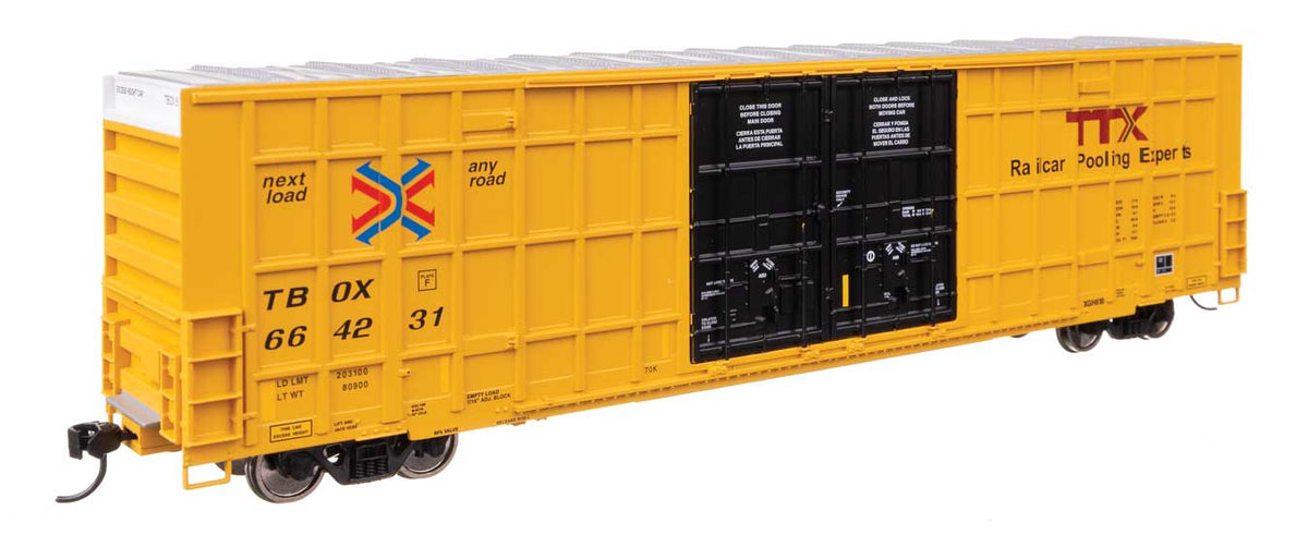 60' High Cube Plate F Horizontal Post Boxcar - Ready to Run -- TTX TBOX #664231 (yellow, black, Standard Lettering)-2