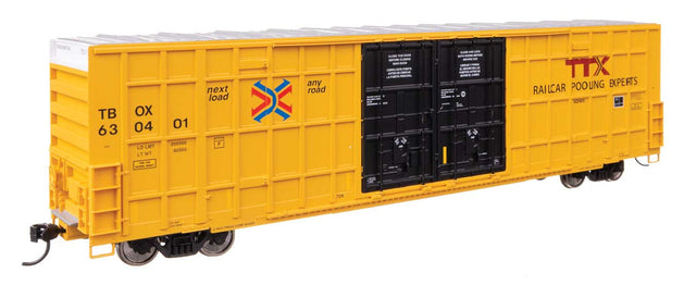 60' High Cube Plate F Horizontal Post Boxcar - Ready to Run -- TTX TBOX #630401 (yellow, black, High Lettering)-1