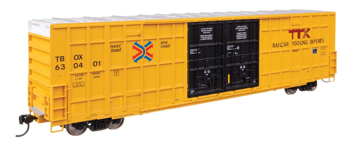 60' High Cube Plate F Horizontal Post Boxcar - Ready to Run -- TTX TBOX #630401 (yellow, black, High Lettering)-2