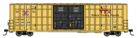 60' High Cube Plate F Horizontal Post Boxcar - Ready to Run -- TTX TBOX #664059 (yellow, black, Standard Lettering)